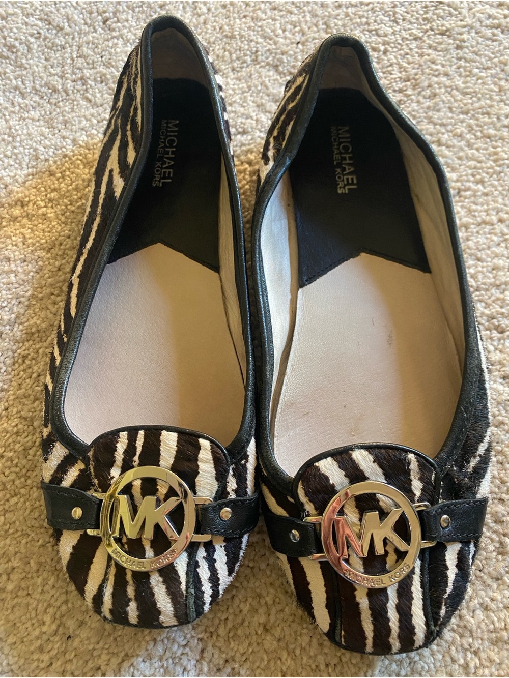 Michael Kors Zebra-Print Ballet Flats with Silver MK Emblem Size 9 1/2